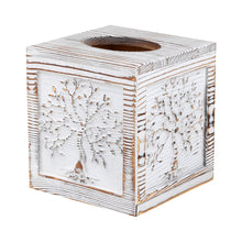 Load image into Gallery viewer, Wood Carved Tissue Box Cover Whitewashed Tree of Life Design