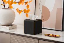 Load image into Gallery viewer, Square Tissue Box Cover Linen-Textured Faux Leather Tissue Holder with Gold Rim Modern Home Decor Piece for Home & Office