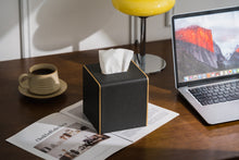 Load image into Gallery viewer, Square Tissue Box Cover Linen-Textured Faux Leather Tissue Holder with Gold Rim Modern Home Decor Piece for Home & Office