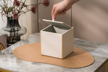 Load image into Gallery viewer, Square Tissue Box Cover Linen-Textured Faux Leather Tissue Holder with Gold Rim Neutral Modern Home Decor Piece for Home & Office