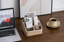 Load image into Gallery viewer, Desktop Organizer with 4 Compartments Flute-Textured Faux Leather Remote Control Holder Nightstand Storage Organizer Small Desk Caddy for Office Supplies/Makeups