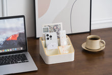 Load image into Gallery viewer, Desk Organizer with 4 Compartments Flute-Textured Faux Leather Remote Control Holder Nightstand Storage Organizer Small Desk Caddy for Office Supplies/Makeups