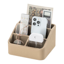 Load image into Gallery viewer, Desktop Organizer with 4 Compartments Flute-Textured Faux Leather Remote Control Holder Nightstand Storage Organizer Small Desk Caddy for Office Supplies/Makeups