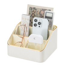 Load image into Gallery viewer, Desk Organizer with 4 Compartments Flute-Textured Faux Leather Remote Control Holder Nightstand Storage Organizer Small Desk Caddy for Office Supplies/Makeups