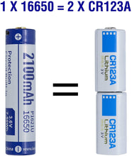 Load image into Gallery viewer, Keeppower Protected 16650 Battery USB Rechargeable 3.6V 2100mAh 7.56Wh Button Top Included with a 2-in-1 Charging Cable (2 Pack)