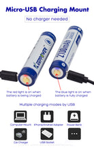 Load image into Gallery viewer, Keeppower Protected 16650 Battery USB Rechargeable 3.6V 2100mAh 7.56Wh Button Top Included with a 2-in-1 Charging Cable (2 Pack)