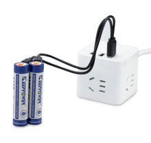 Load image into Gallery viewer, Keeppower Protected 16650 Battery USB Rechargeable 3.6V 2100mAh 7.56Wh Button Top Included with a 2-in-1 Charging Cable (2 Pack)
