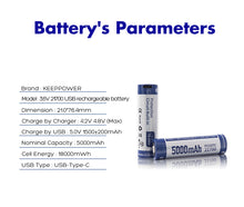 Load image into Gallery viewer, Keeppower Type-C USB Rechargeable Li-ion Battery Button Top Protected 21700 3.6V 5000mAh with a Charging Cable (Pack of 2)