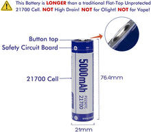 Load image into Gallery viewer, Keeppower Type-C USB Rechargeable Li-ion Battery Button Top Protected 21700 3.6V 5000mAh with a Charging Cable (Pack of 2)