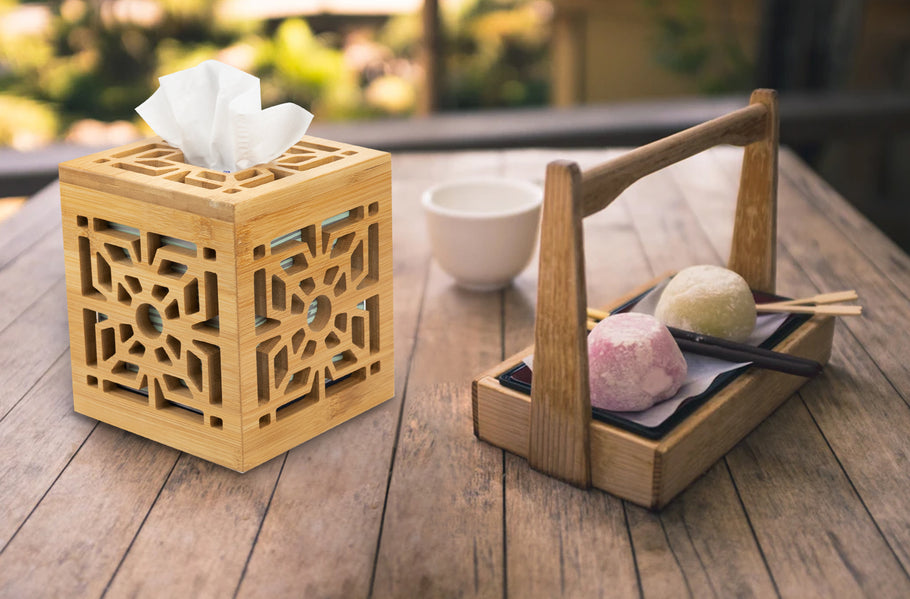 Ukwell Cube Bamboo Tissue Box Cover Window Grille Cutout Design