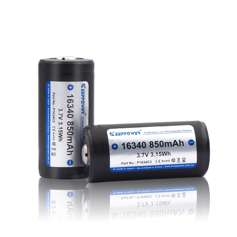 Keeppower 16340 Protected Lithium ion Battery Button-Top Rechargeable 3.7V 850mAh (2 Pack)
