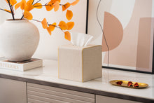 Load image into Gallery viewer, Square Tissue Box Cover Linen-Textured Faux Leather Tissue Holder with Gold Rim Neutral Modern Home Decor Piece for Home &amp; Office
