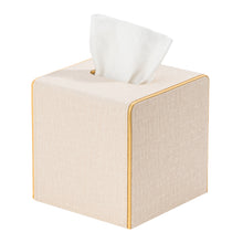 Load image into Gallery viewer, Square Tissue Box Cover Linen-Textured Faux Leather Tissue Holder with Gold Rim Neutral Modern Home Decor Piece for Home &amp; Office
