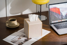 Load image into Gallery viewer, Square Tissue Box Cover Linen-Textured Faux Leather Tissue Holder with Gold Rim Neutral Modern Home Decor Piece for Home &amp; Office
