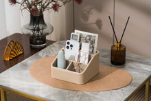 Load image into Gallery viewer, Desktop Organizer with 4 Compartments Flute-Textured Faux Leather Remote Control Holder Nightstand Storage Organizer Small Desk Caddy for Office Supplies/Makeups
