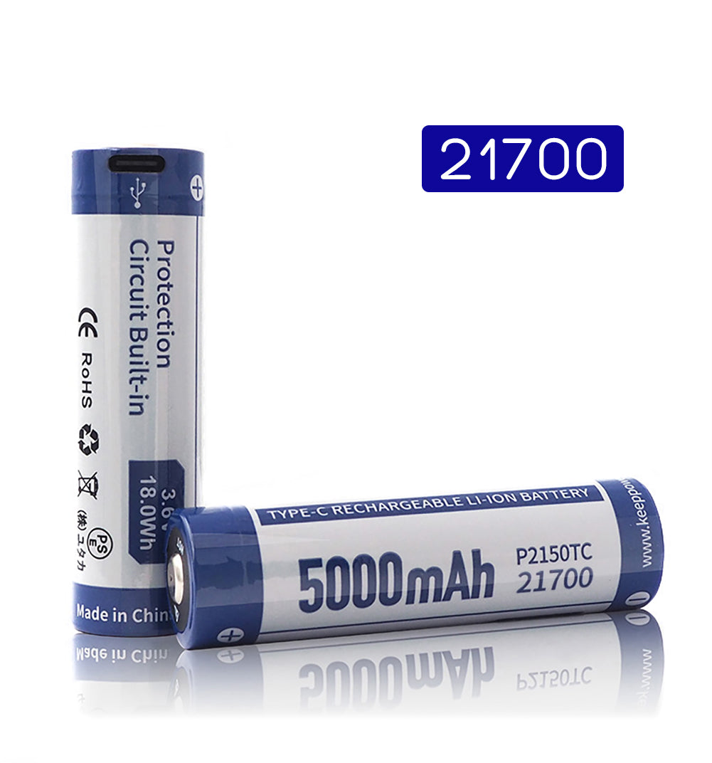 Keeppower Type-C USB Rechargeable Li-ion Battery Button Top Protected 21700 3.6V 5000mAh with a Charging Cable (Pack of 2)