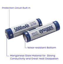 Load image into Gallery viewer, Keeppower Type-C USB Rechargeable Li-ion Battery Button Top Protected 21700 3.6V 5000mAh with a Charging Cable (Pack of 2)
